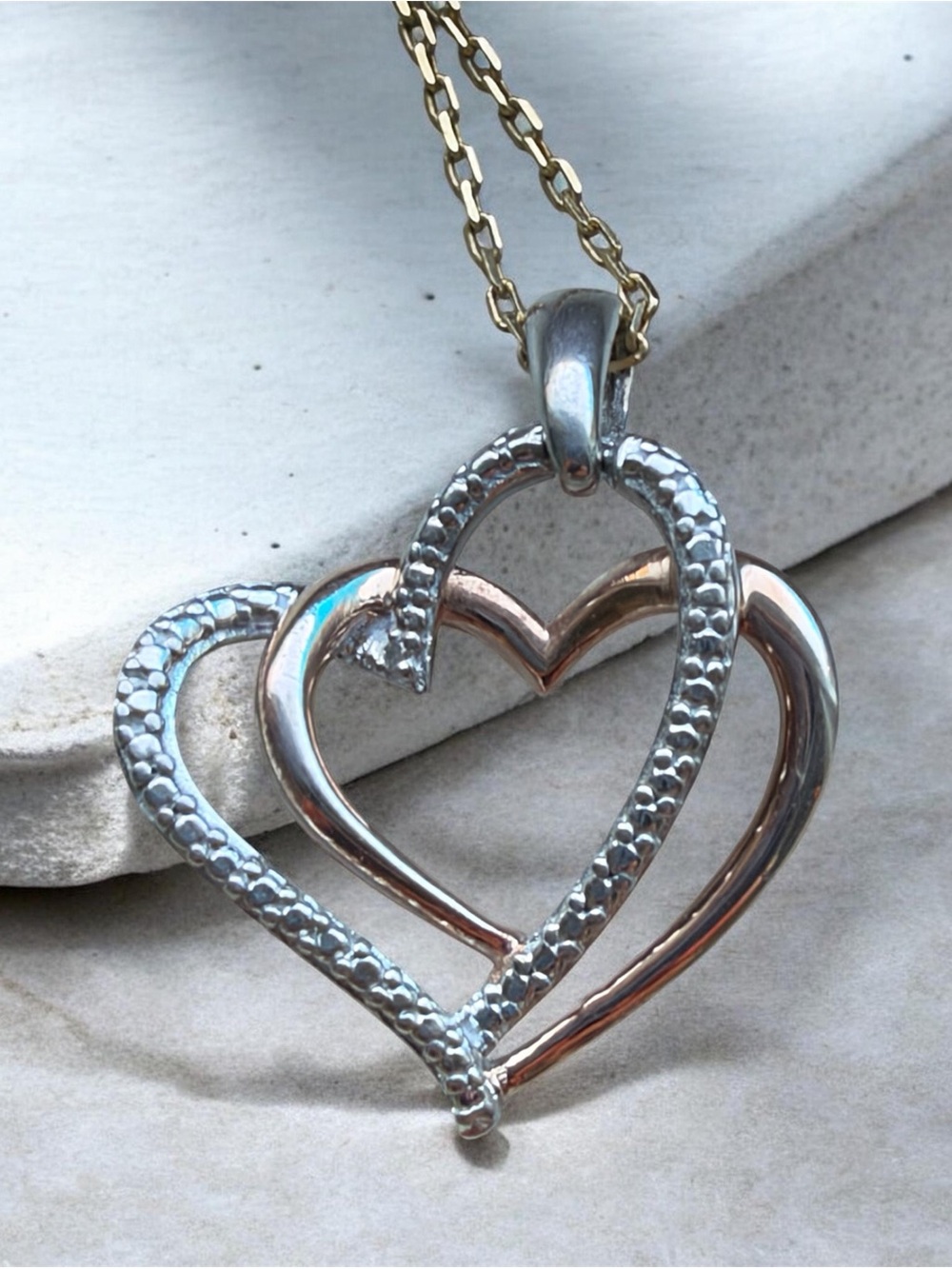925 ITALY Sterling Silver Double Heart Necklace • Two-Tone Rose Gold